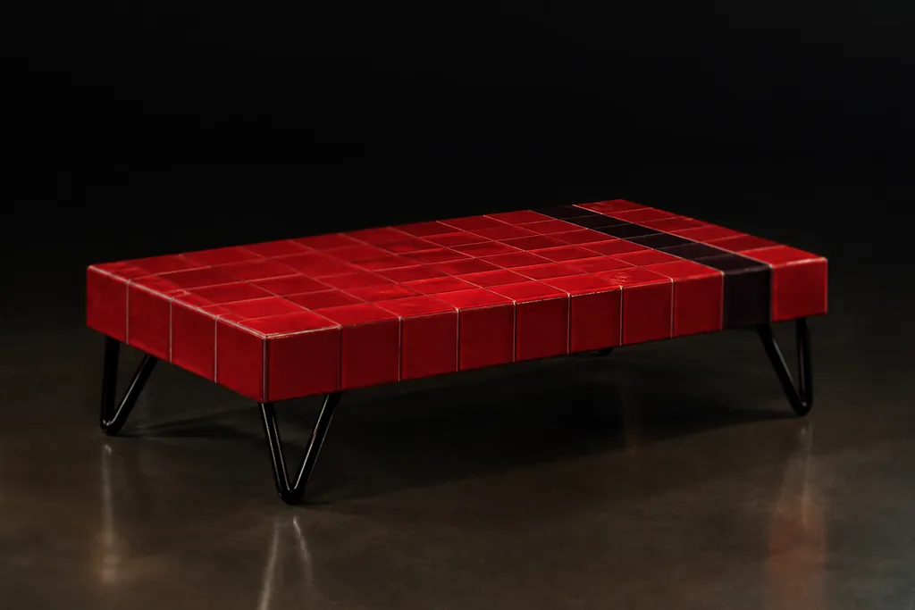 Fab Mater centre table: a low table clad in deep red glazed square tiles with one black stripe, on black steel V legs, in a dark studio